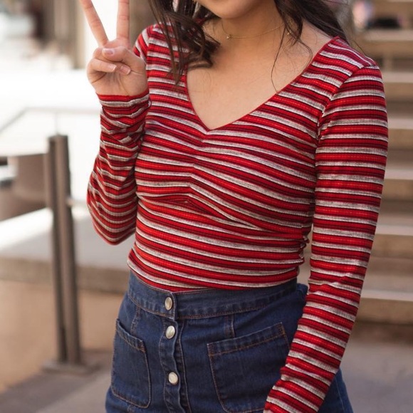 Ten Sixty Sherman Tops - Ten Sixty Sherman Red and White Ribbed V-Neck Long Sleeve